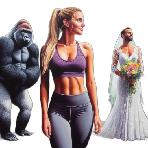 concept art, photorealistic, comic book art, fantasy art, gorilla, woman, man, wedding transparent PNG cut-out