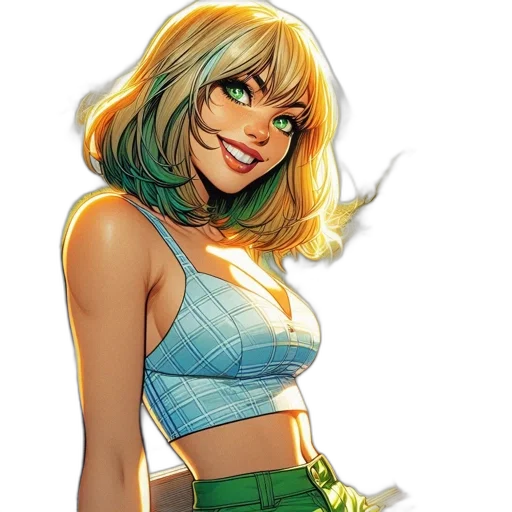 comic book art, concept art, cartoon, fantasy art, green, blonde, woman, blue transparent PNG cut-out