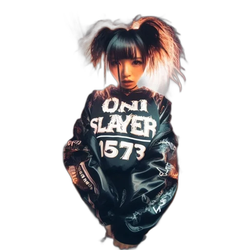 jacket, hair, creature, cyberpunk, vaporwave, concept art, anime, dark transparent PNG cut-out