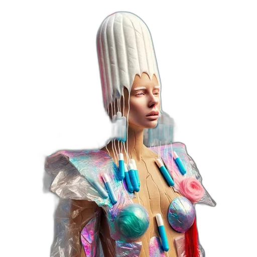 hair, dress, crown, hat, concept art, 3d render, photorealistic, vaporwave transparent PNG cut-out