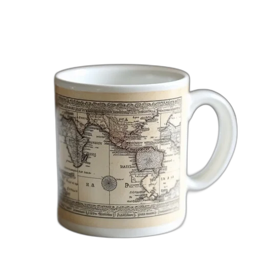 white, ceramic, mug, vintage, design, featuring, map, text transparent PNG cut-out