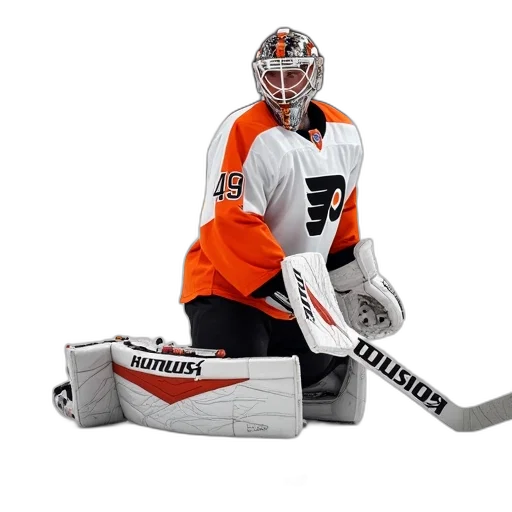professional, hockey, goalie, kneeling, ice, wearing, white, orange transparent PNG cut-out