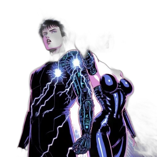 robot, jacket, cyberpunk, comic book art, concept art, 3d render, neon lights, outer space transparent PNG cut-out
