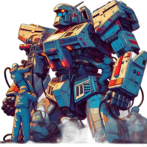 robot, weapon, concept art, pixel art, fantasy art, comic book art, blue, enormous transparent PNG cut-out