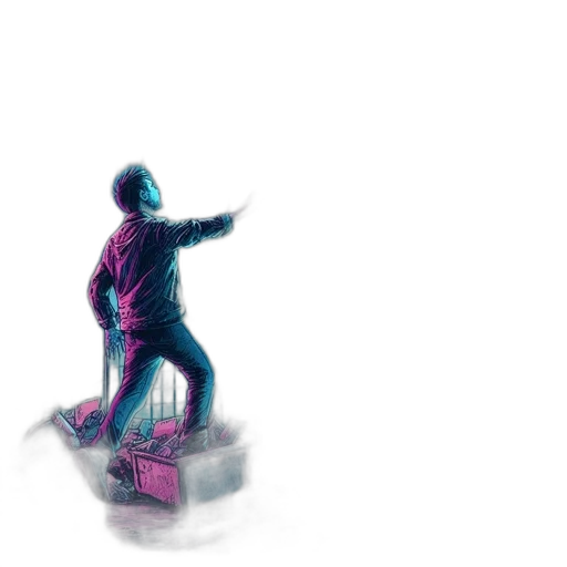 jacket, robot, staff, weapon, concept art, vaporwave, pixel art, 3d render transparent PNG cut-out