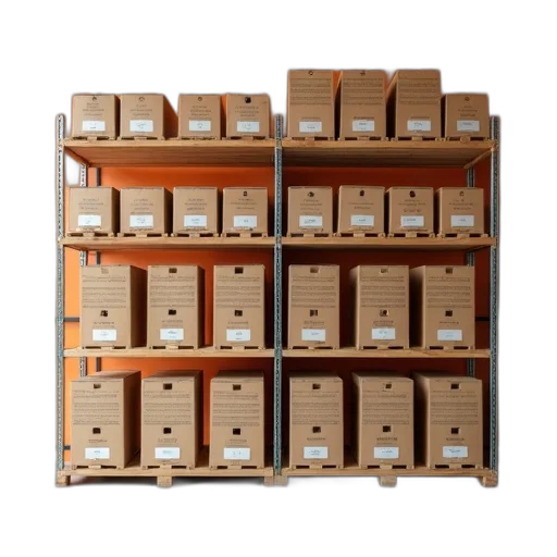 furniture, wooden, rack, multiple, rows, boxes, placed, warehouse transparent PNG cut-out