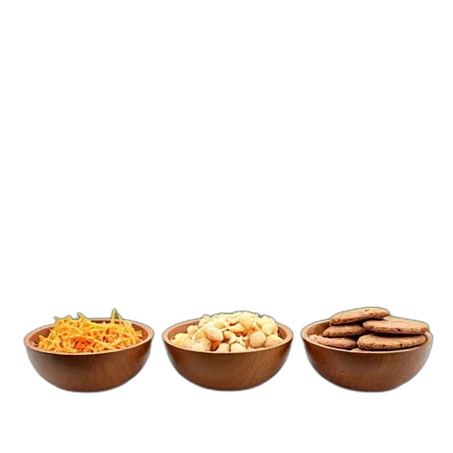 food, 3d render, earth tones, row, three, wooden, bowls, filled transparent PNG cut-out