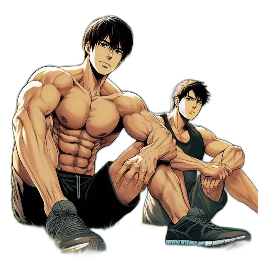 comic book art, concept art, photorealistic, anime, two, animated, males, sit transparent PNG cut-out