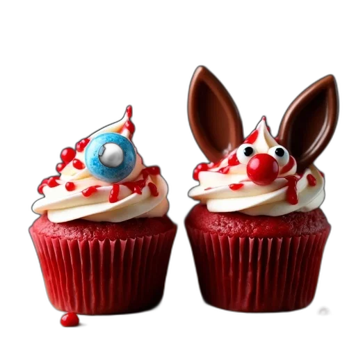 food, 3d render, photorealistic, two, cupcakes, red, frosting, white transparent PNG cut-out