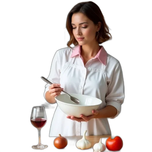 food, staff, woman, standing, kitchen, holding, mixing, bowl transparent PNG cut-out