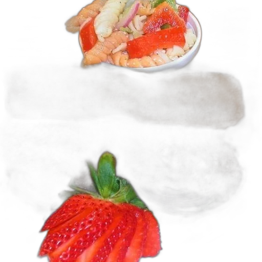 food, photorealistic, 3d render, plate, steak, strawberries, salad transparent PNG cut-out
