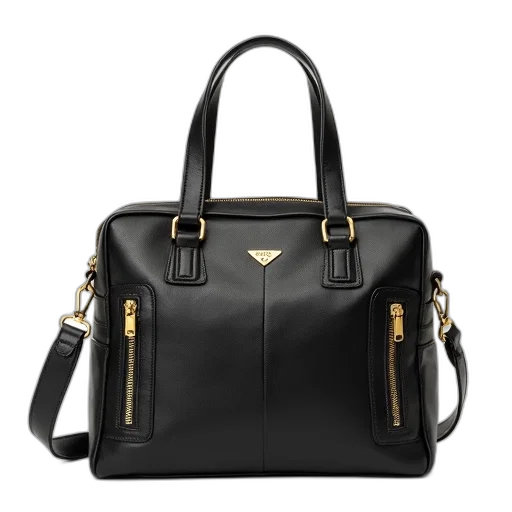 black, leather, handbag, gold-tone, hardware, displayed, against, white transparent PNG cut-out