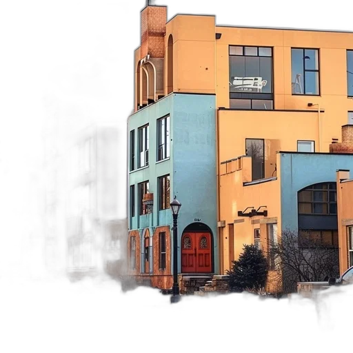 building, 3d render, photorealistic, concept art, watercolor, city street, blue, colorful transparent PNG cut-out