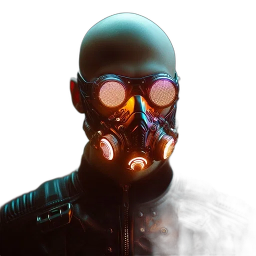 mask, robot, jacket, face, cyberpunk, concept art, 3d render, comic book art transparent PNG cut-out