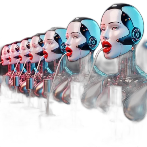 robot, concept art, 3d render, cyberpunk, row, robots, dispense, liquid transparent PNG cut-out