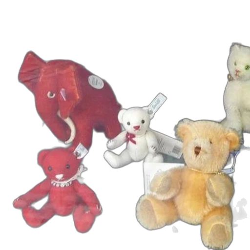 3d render, display, stuffed, animals, including, red, elephant, white transparent PNG cut-out