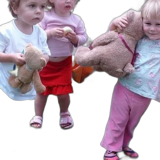 creature, 3d render, photorealistic, three, children, stand, grass, holding transparent PNG cut-out