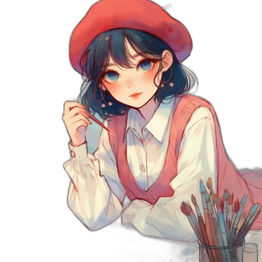hat, staff, flower, dress, watercolor, anime, oil painting, fantasy art transparent PNG cut-out