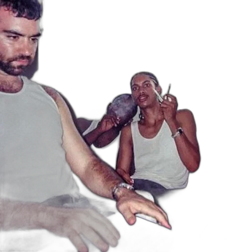 man, white, tank, top, using, laptop, while, another transparent PNG cut-out