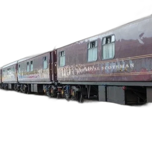 3d render, maroon, train, car, royal, scotsman, written, sits transparent PNG cut-out