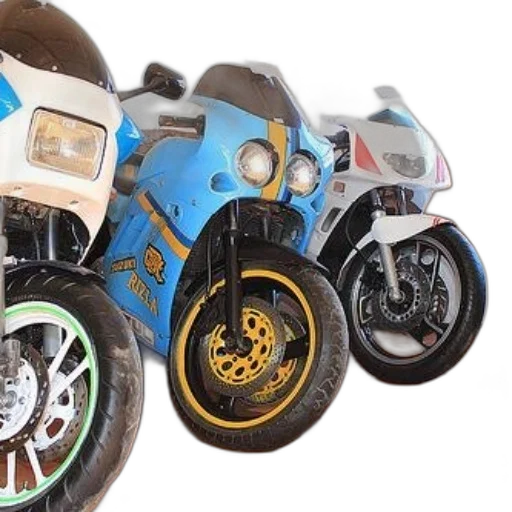 3d render, photorealistic, concept art, three, motorcycles, one, blue, yellow transparent PNG cut-out