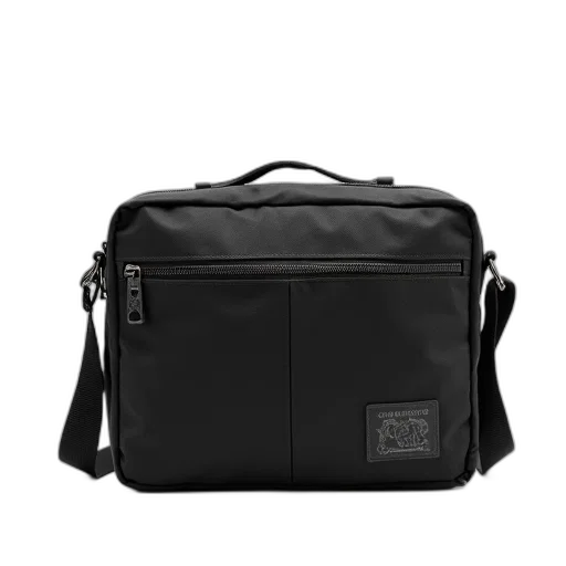 black, canvas, messenger, bag, zipper, closure, strap, displayed transparent PNG cut-out