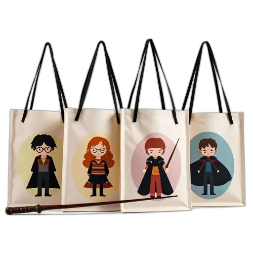 cartoon, set, four, bags, wizard, theme, each, featuring transparent PNG cut-out