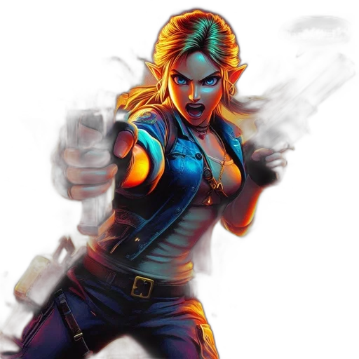 comic book art, concept art, pixel art, fantasy art, woman, angry, stance, holds transparent PNG cut-out