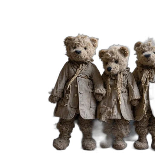 three, teddy, bears, vintage, clothing, stand, paint-splattered, floor transparent PNG cut-out
