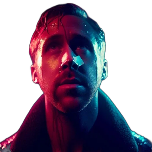 face, jacket, cyberpunk, concept art, photorealistic, neon lights, close-up, soaked transparent PNG cut-out
