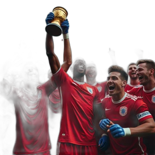 group, soccer, players, celebrating, victory, one, player, holding transparent PNG cut-out