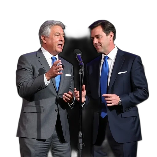 staff, two, men, suits, standing, front, microphone, man transparent PNG cut-out