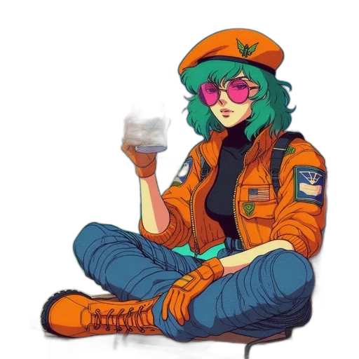 jacket, robot, hat, bottle, cyberpunk, concept art, vaporwave, pixel art transparent PNG cut-out