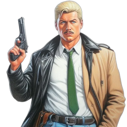 jacket, weapon, staff, comic book art, concept art, photorealistic, cartoon, illustrated transparent PNG cut-out