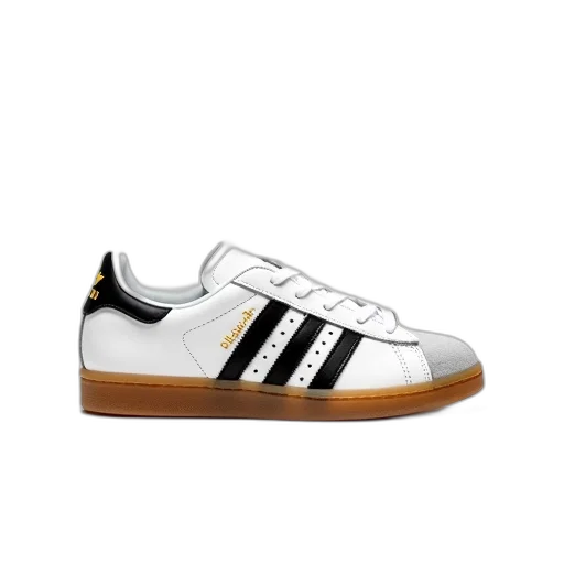 shoes, photorealistic, 3d render, white, sneaker, black, stripes, brown transparent PNG cut-out