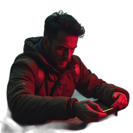 jacket, face, staff, weapon transparent PNG cut-out