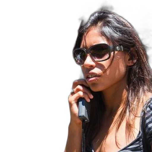 staff, woman, sunglasses, talks, her, cell, phone, near transparent PNG cut-out