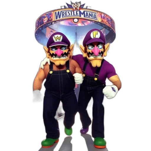 3d render, concept art, waluigi, wario, dressed, wrestling, attire, enter transparent PNG cut-out