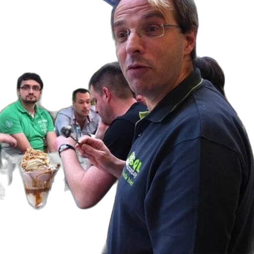 staff, food, photorealistic, man, blue, shirt, eating, ice transparent PNG cut-out