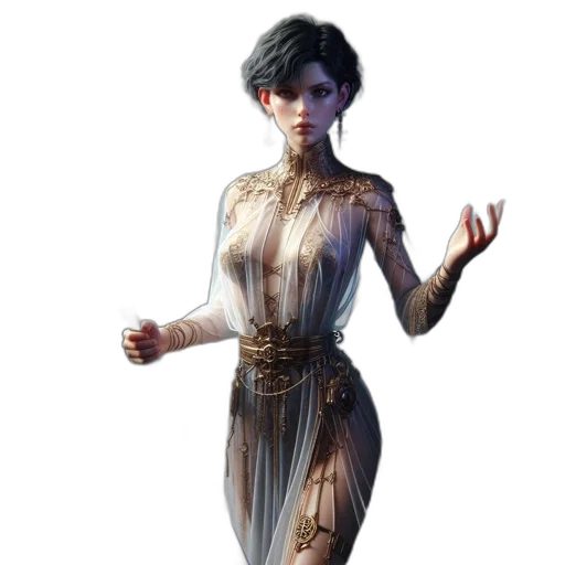 dress, staff, concept art, fantasy art, 3d render, cyberpunk, dark, earth tones transparent PNG cut-out