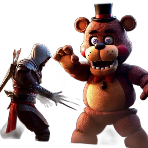 concept art, 3d render, armed, figure, confronts, joyful, anthropomorphic, bear transparent PNG cut-out