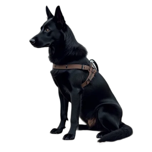 staff, animal, concept art, 3d render, photorealistic, black, dog, harness transparent PNG cut-out