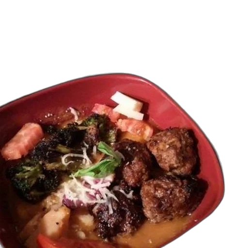 food, bowl, meatballs, broccoli, tomatoes, cheese, top transparent PNG cut-out