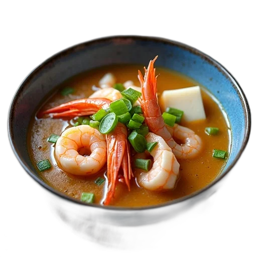 food, photorealistic, 3d render, bowl, seafood, soup, shrimp, green transparent PNG cut-out