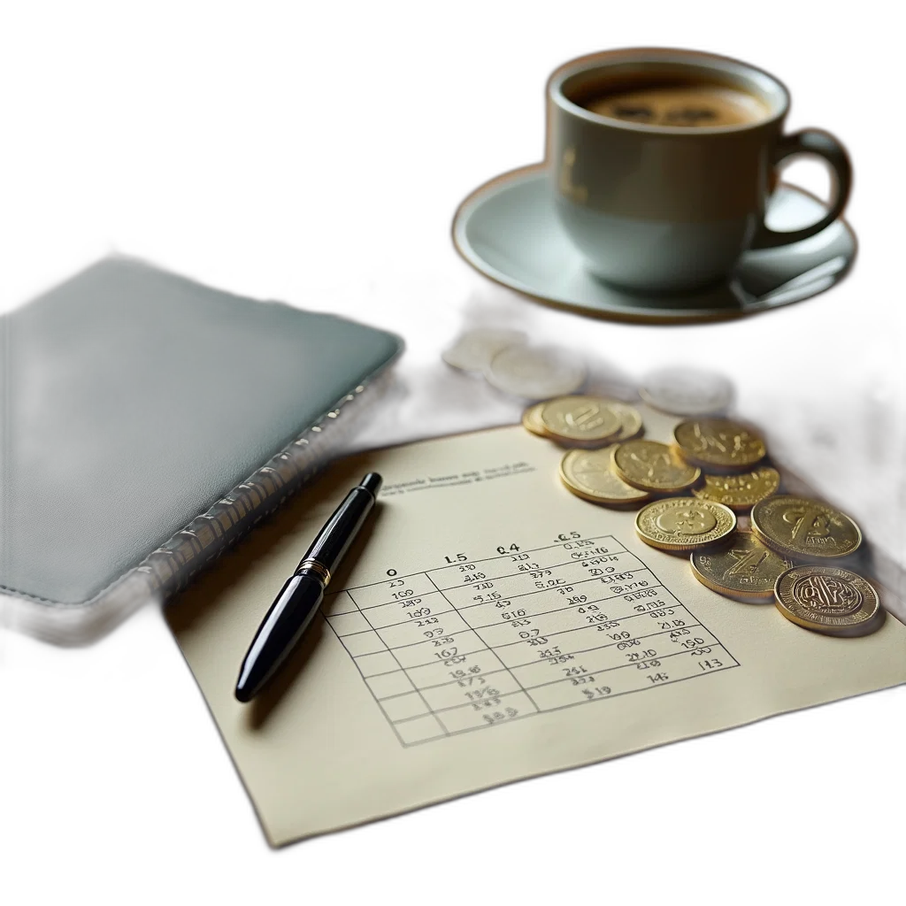 3d render, photorealistic, wooden, desk, closed, notebook, pen, cup transparent PNG cut-out