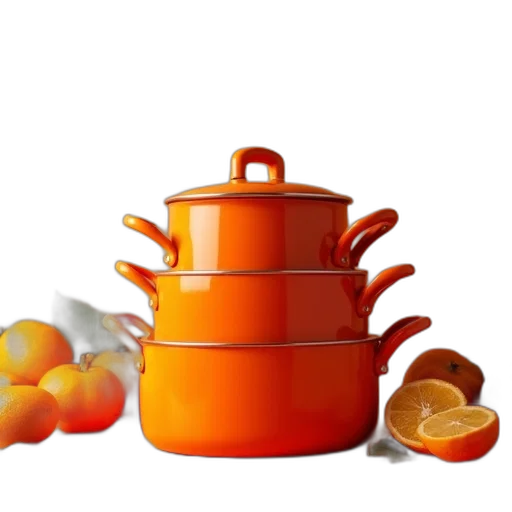 food, 3d render, photorealistic, orange, set, pans transparent PNG cut-out