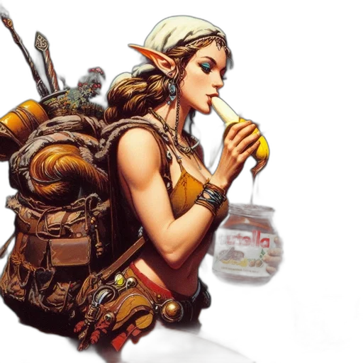 concept art, fantasy art, comic book art, pixel art, elfin, woman, enjoys, chocolate-covered transparent PNG cut-out