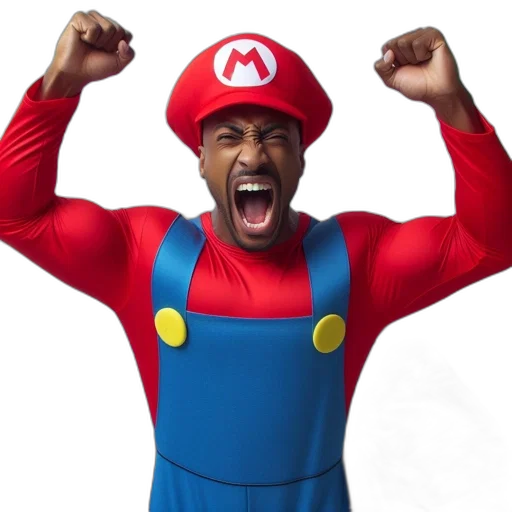 animal, man, dressed, mario, flexes, room, white, brick transparent PNG cut-out
