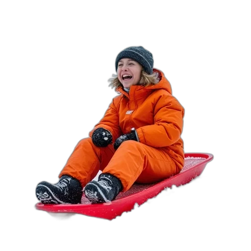 person, orange, snowsuit, sitting, red, sled, laughing, enjoying transparent PNG cut-out