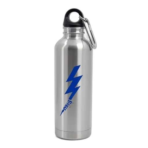 bottle, silver, insulated, water, black, cap, carabiner, attached transparent PNG cut-out